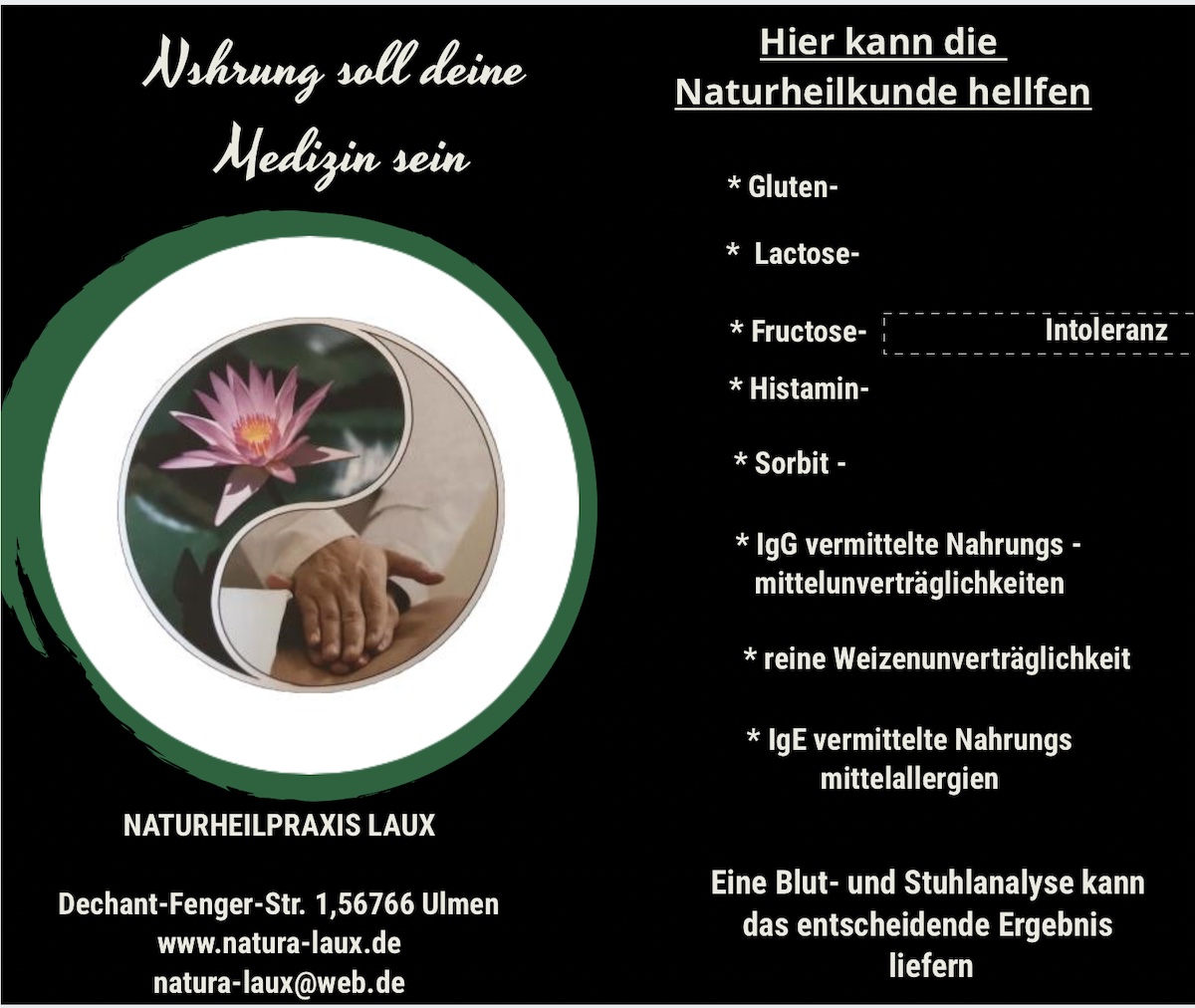 Heilpraktiker: Analysen auf Nahrungsmittelunverträglichkeiten, wie Histamin- Fructose-, Laktose-,Gluten- Intoleranzen und IgG und IgE Testungen (Unverträglichkeiten und Allergien) - Naturheilpraxis Laux & Heilpraktikerschule Eifel-Ahr